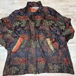 Chicos Asian Inspired Print Jacket Full Zip Colorful Womens size M EUC